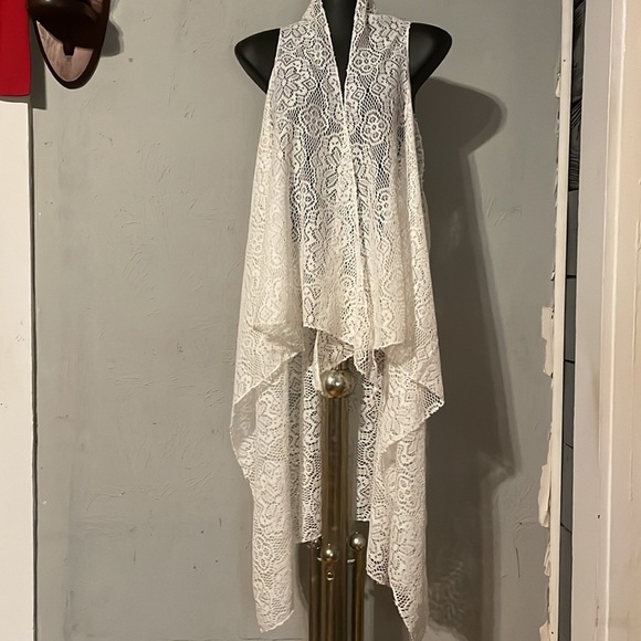 OS Vintage 1988 Time USA cream ivory lace sleeveless open long cardigan - Picture 2 of 12